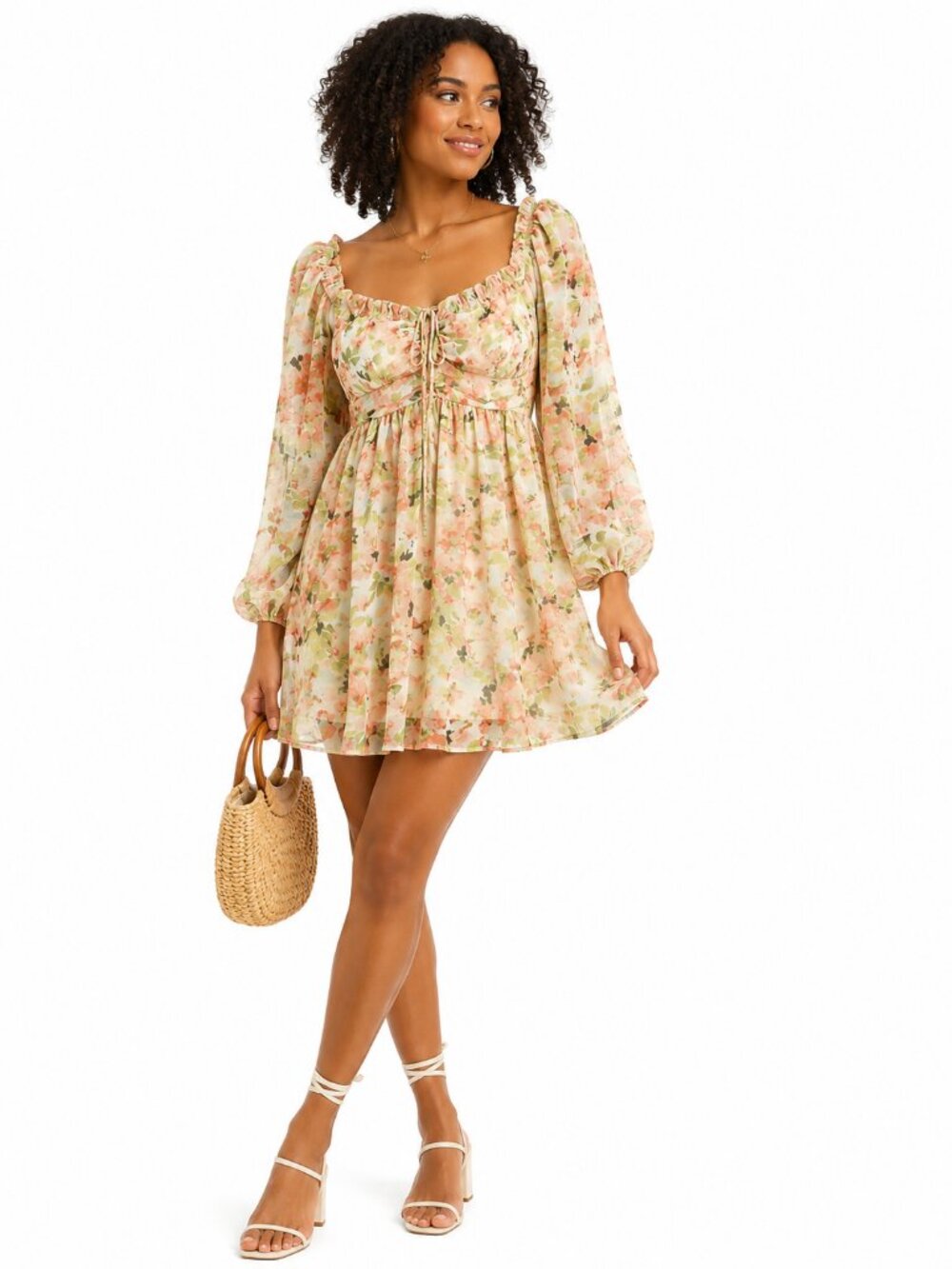 Privy Floral Chiffon Mini Dress Smocked Puff Sleeve Cottagecore
